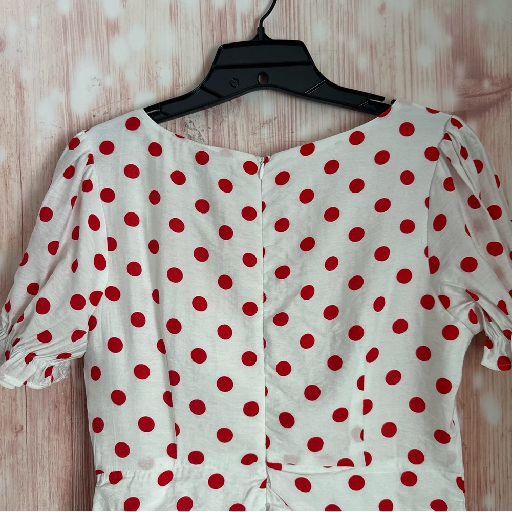 Endless Rose White Retro Style Red Polka Dot Ruffle Hem Ruched Mini Dress Size M - Picture 13 of 16